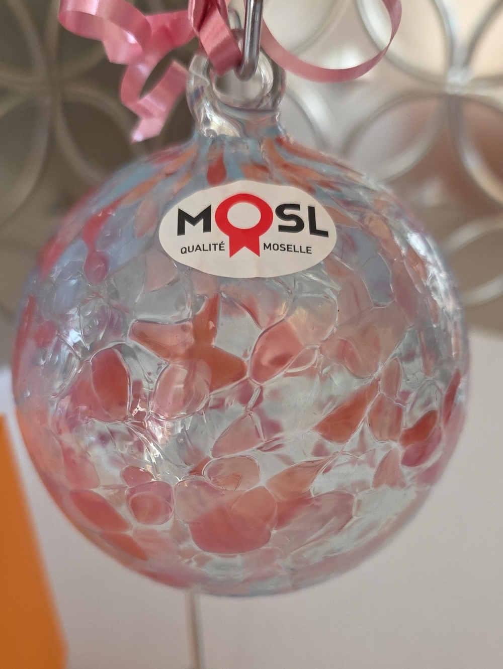 Cristal Lehrer French Hand-Blown Art Glass Sphere Pink/White Speckled Ornament - Picture 7 of 13